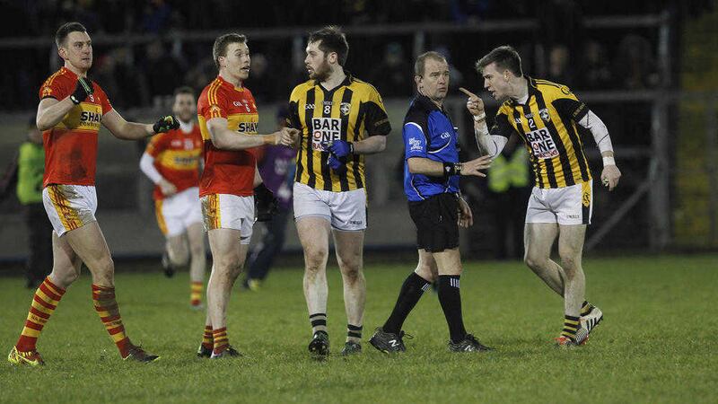 Crossmaglen Rangers&#39; Johnny Hanratty points the finger at Eddie Kinsella after Saturday&#39;s final whistle. He wasn&#39;t the only one unhappy with the referee&#39;s display. Picture by Colm O&#39;Reilly 