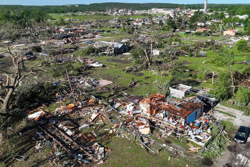 Debris and damage from powerful storms in Barnsdall, Oklahoma (Mike Simons/Tulsa World via AP)