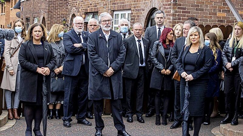 Senior republican leaders attend the funeral of Bobby Storey in west Belfast. Picture by Liam McBurney/PA Wire. 
