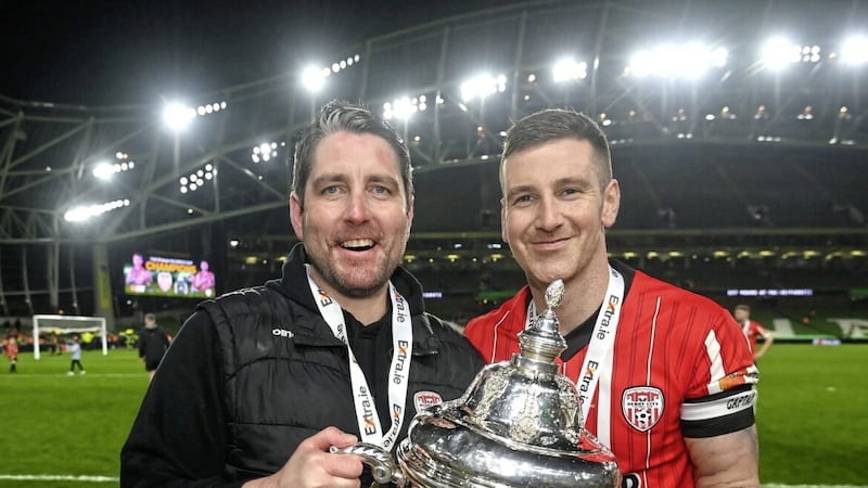 Derry City manager Ruaidhri Higgins and captain Patrick McEleney with the FAI Cup after their win over Shelbourne in the final at the Aviva Stadium Picture: Stephen McCarthy/Sportsfile 