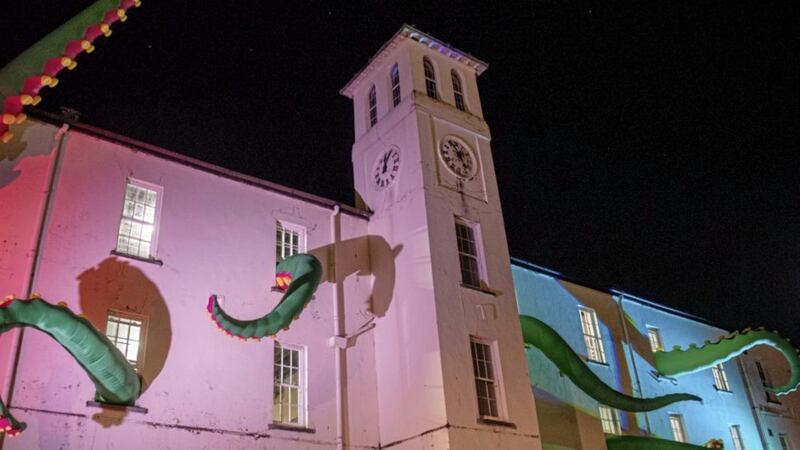 The tentacles of a sea monster burst through the windows at Ebrington Square as part of a &quot;city dressing campign&quot; in Derry to help Halloween trade. Picture by Martin McKeown 