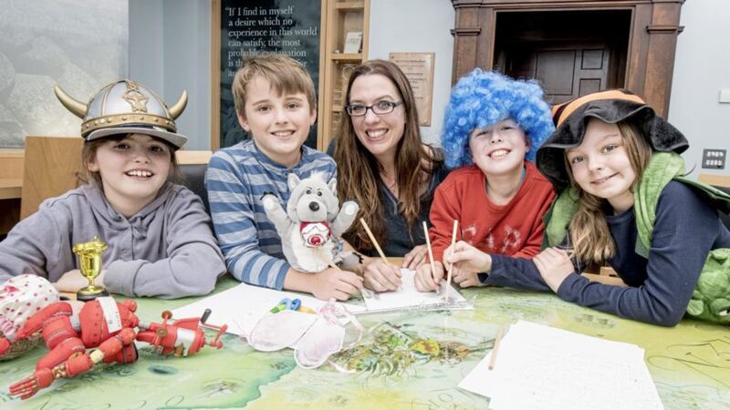 Children&rsquo;s Writing Fellow for Northern Ireland Myra Zepf pictured with Lucy, Oliver, Lorcan and Rose at the launch of the Head over Heels creative writing project for P6 classes in primary schools across Northern Ireland 