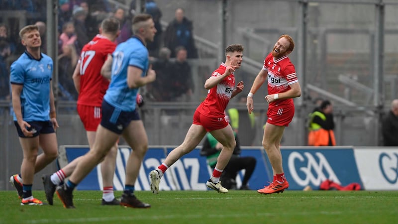 Derry’s Eoin McEvoy celebrates a goal with Conor Glass during todays Allianz GAA Football league Div 1 final at Croke Park, Dublin.  Picture Mark Marlow