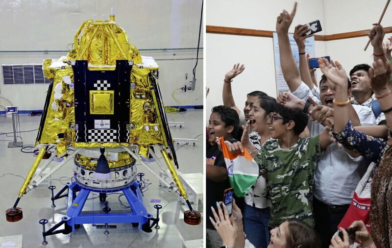 A photograph of Vikram Lander released by Indian Space Research Organization as schoolchildren cheer while watching the successful landing of the spacecraft