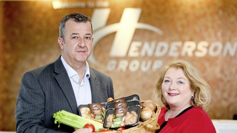 Steven Kennedy, Henderson Group and Lorna Robinson, Cloughbane Farm launch the Tyrone food manufacturer&#39;s first range of meat free products 