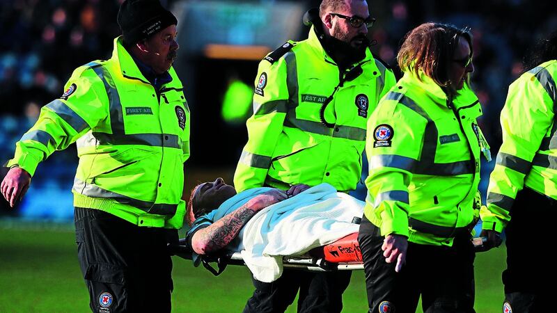 Celtic's Jonny Hayes is stretchered off with an injury during the Scottish Premiership match at Dens Park, Dundee on Saturday December 23, 2017.&nbsp;