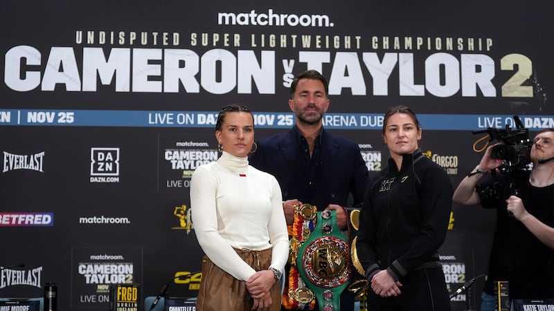 Face off. Chantelle Cameron, promoter Eddie Hearn and Katie Taylor during the press conference at the Dublin Royal Convention Centre,