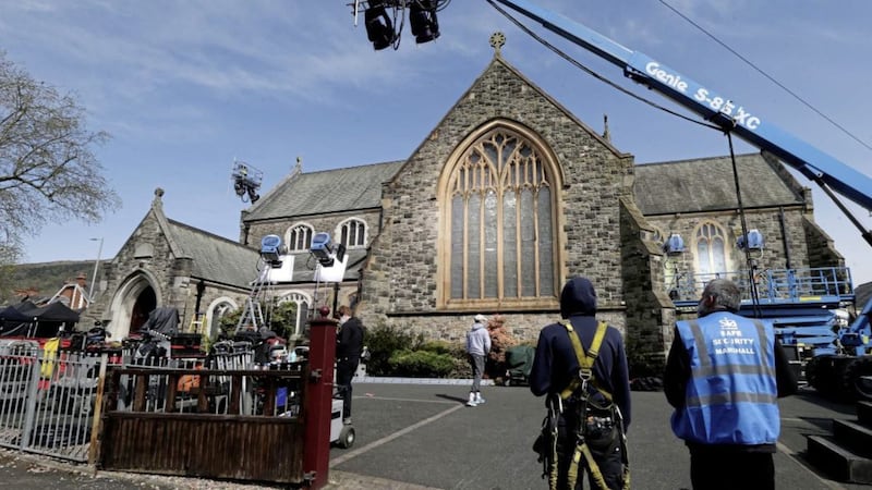 The shooting of Netflix School of Good and Evil gets on the way at St Peter&#39;s Church of Ireland on the Antrim Road in north Belfast. Picture by Hugh Russell. 
