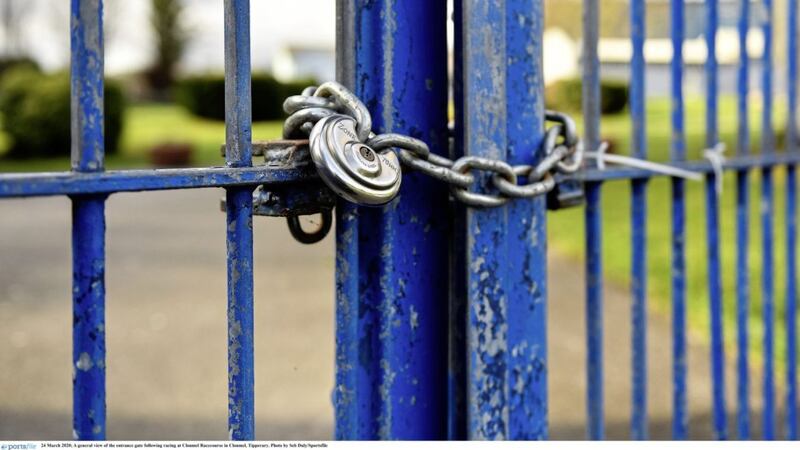 Clonmel Racecourse locked up after the Irish government announced a ban on all sport, including that behind closed doors, which has meant the Irish Grand National will be postponed. Photo by Seb Daly/Sportsfile 