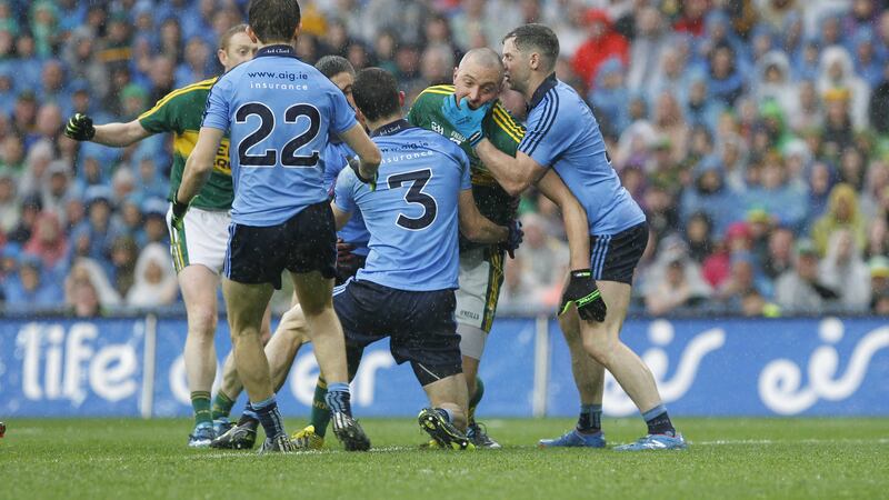 Dublin's Philly McMahon clashes with Kerry's Kieran Donaghy during last September's All-Ireland SFC final at Croke Park<br />Picture by Colm O'Reilly&nbsp;