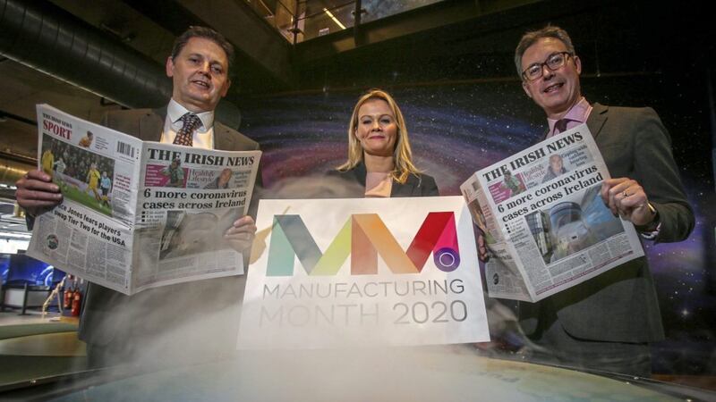 Launching the new schools initiative are (from left) Scott Howes, public engagement &amp; education manager at W5, Manufacturing NI deputy chief executive Mary Meehan and IrishNews marketing manager John Brolly. Photo: Mal McCann 