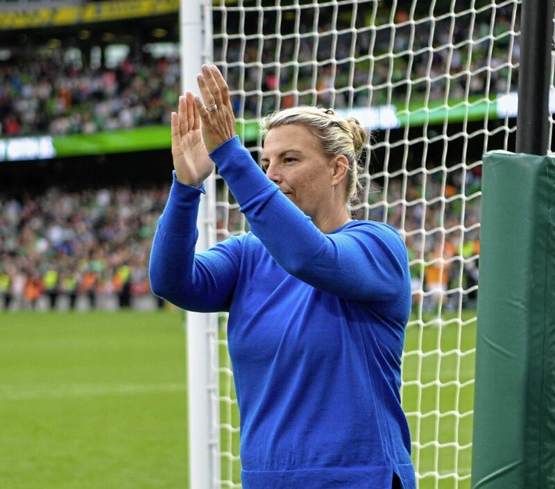 Northern Ireland boss Tanya Oxtoby applauds the away fans after their 3-0 defeat 