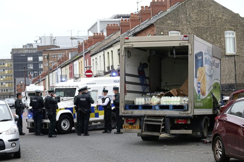 Police at the scene in Cavendish Street where a  stolen milk lorry was involved in a number of crashes around west Belfast area Picture Mal McCann. 