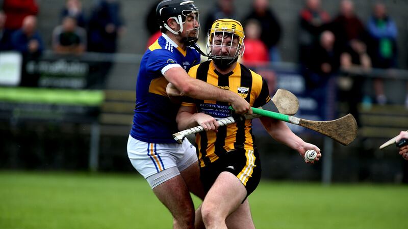 Ballycran's Niall Breen attempts to get past Portaferry full-back Tom Murray during Sunday's Down championship clash at McKenna Park. Picture by Seamus Loughranays Senior Hurling game  at  Ballycran   Picture    Seamus  Loughran