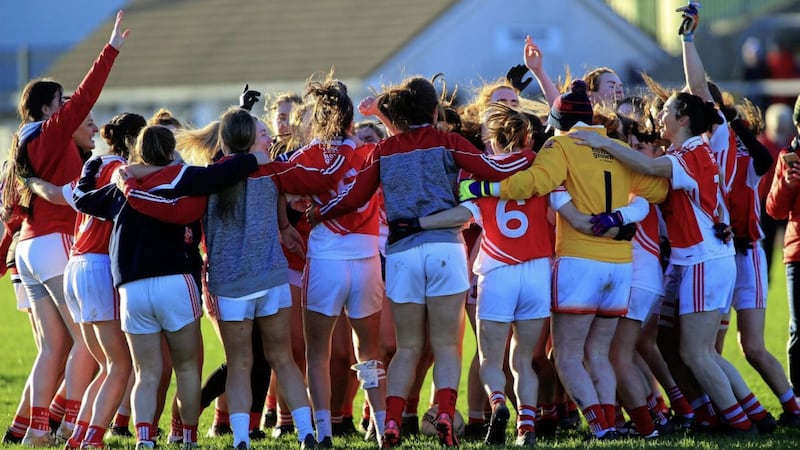 Donaghmoyne players celebrate at the final whistle after defeating Bredagh in the the Ulster Ladies&#39; SFC final at Crossmaglen 				Picture: Seamus Loughran. 