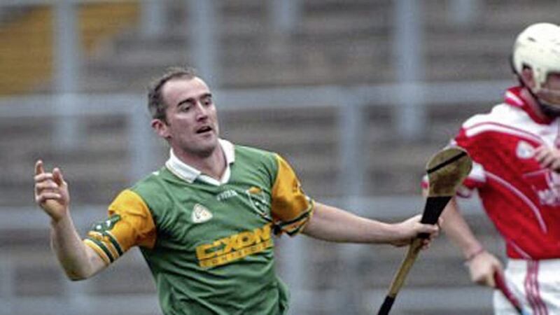 Dunloy&#39;s Alastair Elliott celebrates scoring a goal in the Antrim County hurling final at Casement Park. Picture by Seamus Loughran 