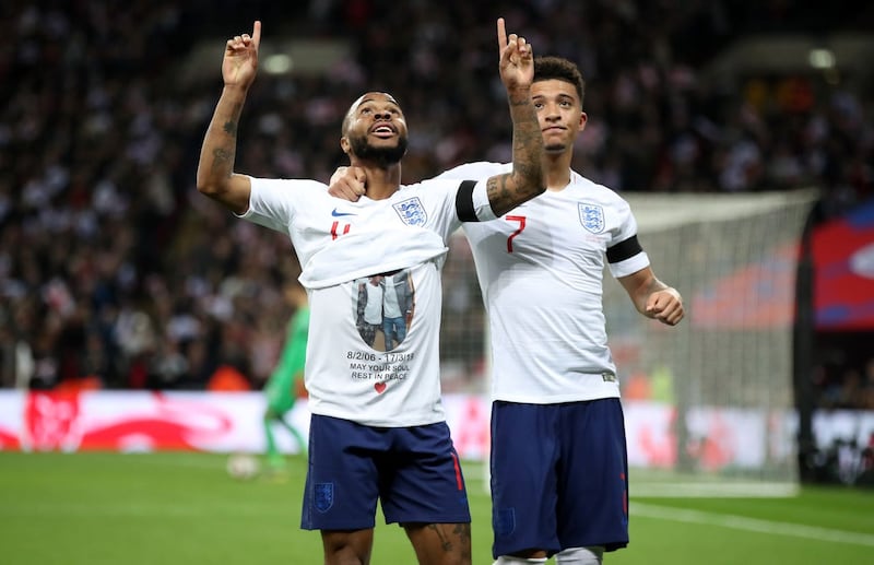 Sterling shows his t-shirt tribute following his side’s third goal of the game (Nick Potts/PA)