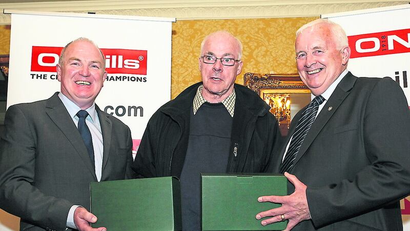 Jimmy Smyth (right) and Art McRory (centre) at a function to celebrate Vocational Schools GAA at the Glenavon Hotel, Cookstown in 2016