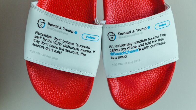 The slides are a lighthearted take on President Trump’s contradictory tweets.