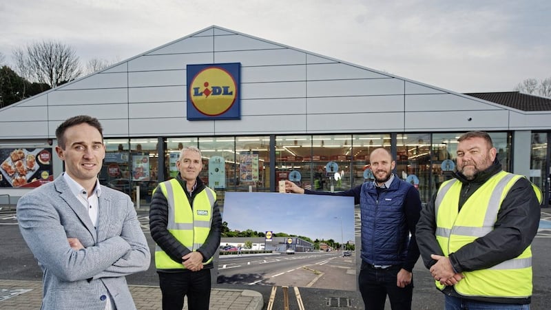 Pictured ahead of the opening of the Lidl Shore Road store are (from left) Chris Speers, regional property executive at Lidl NI; Damien Murray, director at Geda Construction; Scott Nelson, senior construction manager at Lidl NI; and Neil Matthewman, Geda Construction site manager. Picture: Brian Morrison 