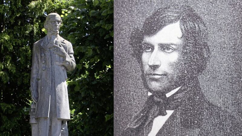 John Mitchel, and left, his statue in Newry 