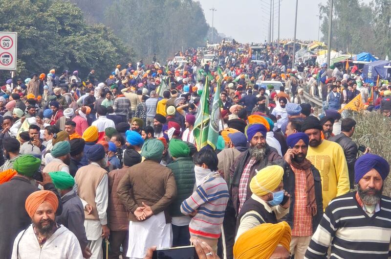 Farmers marching to New Delhi gather near the Punjab-Haryana border at Shambhu, India (Rajesh Sachar/AP)