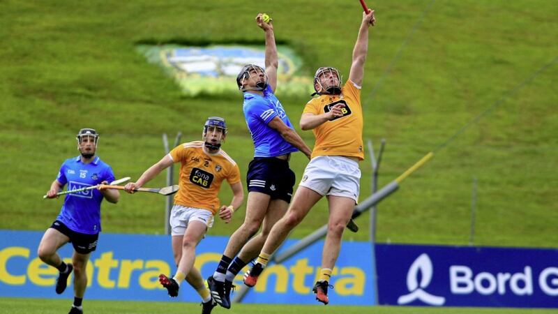 Dublin captain Danny Sutcliffe soars above Antrim&#39;s Eoghan Campbell during Saturday&#39;s Leinster SHC clash in Navan. Picture by Seamus Loughran 