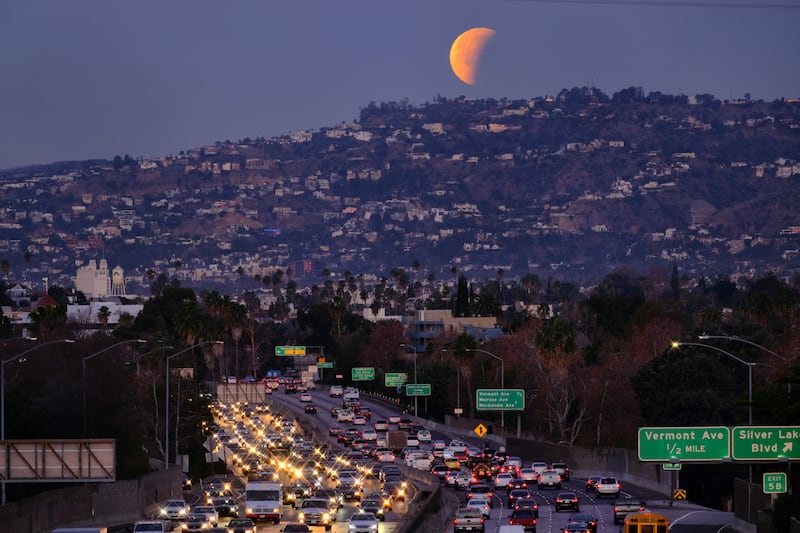 The moon seen above Hollywood, Los Angeles 