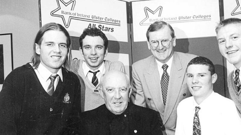 The four captains of MacRory Cup teams meeting before the 1997 semi-finals in Coalisland, l-r Damian Mullen (St Macartan&rsquo;s, Monaghan), Paul McGurk (St Patrick&rsquo;s Academy, Dungannon), John Toal (St Patrick&rsquo;s Grammar School, Armagh) and Fionntan Devlin (St Patrick&rsquo;s College, Maghera). Also pictured is Brother Ennis (seated), Ulster Colleges Council chairman, and Conor MacCarrick (head of group planning and marketing Bank of Ireland) sponsors of the prestigious Colleges&rsquo; competition. 