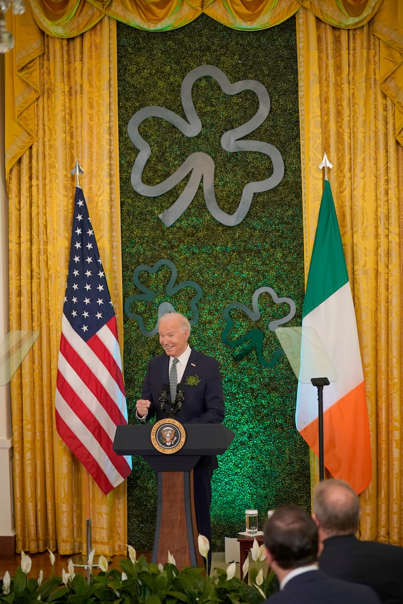 US President Joe Biden speaks during a St Patrick's Day brunch with Catholic leaders in the East Room of the White House, attended by Taoiseach Leo Varadkar, on St Patrick's Day