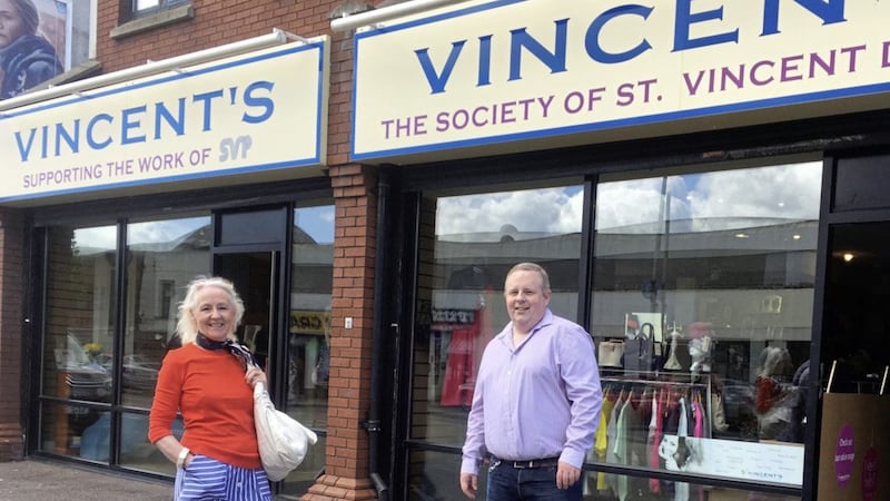 Brendan McKernan, chair of St Vincent de Paul&#39;s regional retail committee, with &#39;volunteer of the quarter&#39; Geraldine O&#39;Donnell modelling fashion from the charity&#39;s shop on Belfast&#39;s Antrim Road 