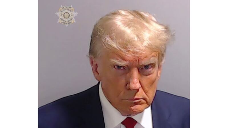 Booking photo of former president Donald Trump on Thursday after he surrendered and was booked at the Fulton County Jail in Atlanta (Fulton County Sheriff’s Office via AP)