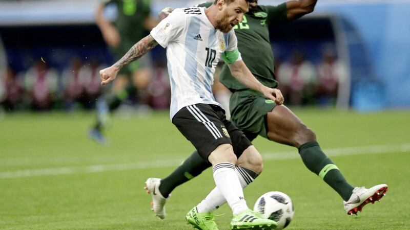 Argentina&#39;s Lionel Messi scores against Nigeria at the 2018 World Cup. 