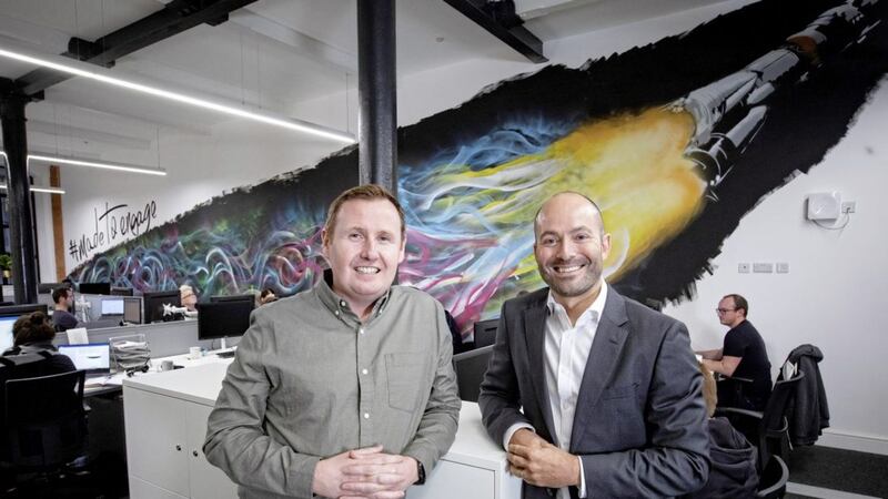 Pictured at the Belfast offices of digital agency Made to Engage are its managing director Steven Cassin and Deloitte partner Peter Allen. Made to Engage is one of 13 Northern Ireland companies on this year&#39;s Deloitte Fast 50 list 