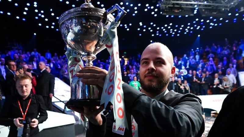 Luca Brecel celebrates after winning the final of the Cazoo World Snooker Championship against Mark Selby at the Crucible Theatre, Sheffield    Picture: Zac Goodwin/PA
