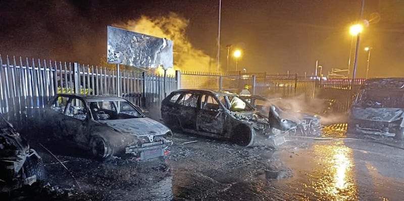 Nine vehicles were destroyed in the arson attack. Picture by NIFRS/ Twitter 