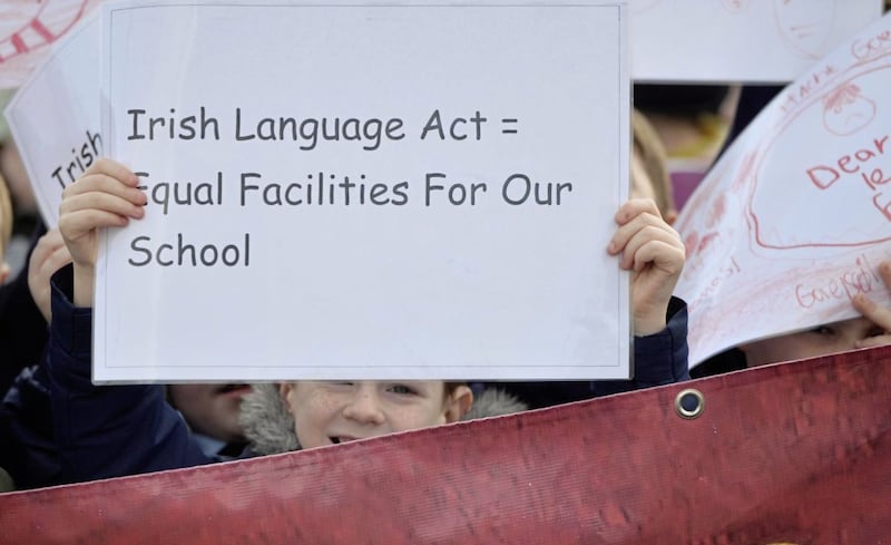 A crowd mostly made up of young school children attend an Irish Language protest at Stomront in east Belfast regarding the  Irish language act not being put through the Northern Ireland Assembly.  Picture Mark Marlow. 