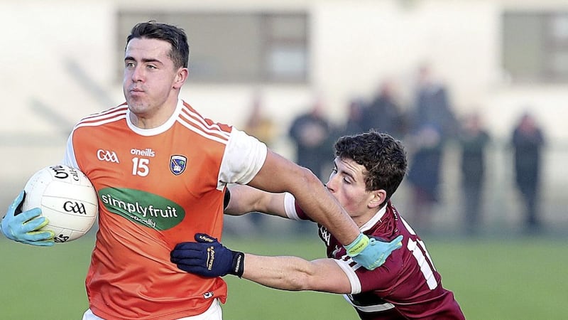 Armagh&#39;s Stefan Campbell in action against Aaron Boyle of St Mary&#39;s in the Dr McKenna Cup. 