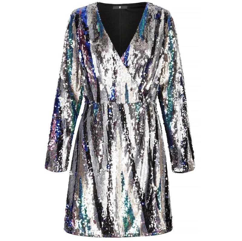 V by Very Multi Stripe Sequin Wrap Mini Dress, &pound;50 (was &pound;65), available from Very