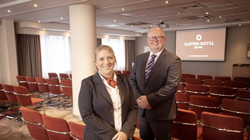 Unveiling the new conference and meeting centre at Clayton Hotel Belfast are general manager Jonathan Topping and meeting &amp; events sales supervisor Courtney Mallen 