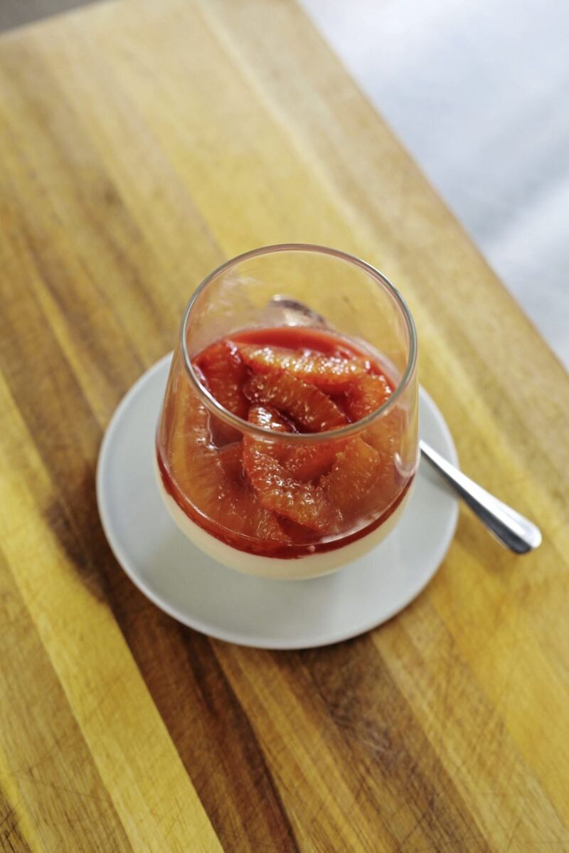 Milk pudding with blood orange syrup 