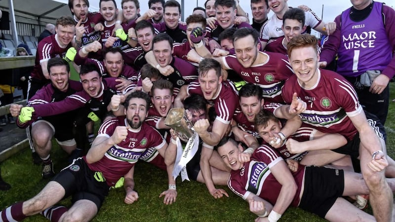 The St Mary&#39;s University, Belfast team celebrate with the Sigerson Cup after their win over University College, Dublin Picture by Matt Browne/Sportsfile 
