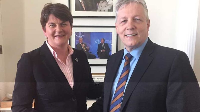&nbsp;DUP leader Arlene Foster and former leader Peter Robinson. Picture from Twitter