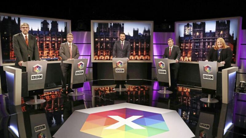From left, John O&#39;Dowd (Sinn F&eacute;in), Sir Jeffrey Donaldson (DUP), Colum Eastwood (SDLP), Robin Swann (UUP) and Naomi Long (Alliance) take part in a BBC election debate. Picture by William Cherry, Press Eye 
