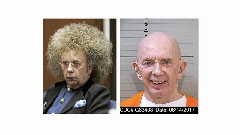 Left, music producer Phil Spector appears during his May 2005 trial. Right, a June 14 2017 mugshot provided by the California Department of Corrections and Rehabilitation 