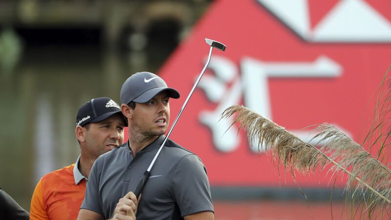 Rory McIlroy and Sergio Garcia at the 18th hole during the WGC-HSBC Champions tournament at the Sheshan International Golf Club in Shanghai on Sunday<br />Picture by AP&nbsp;