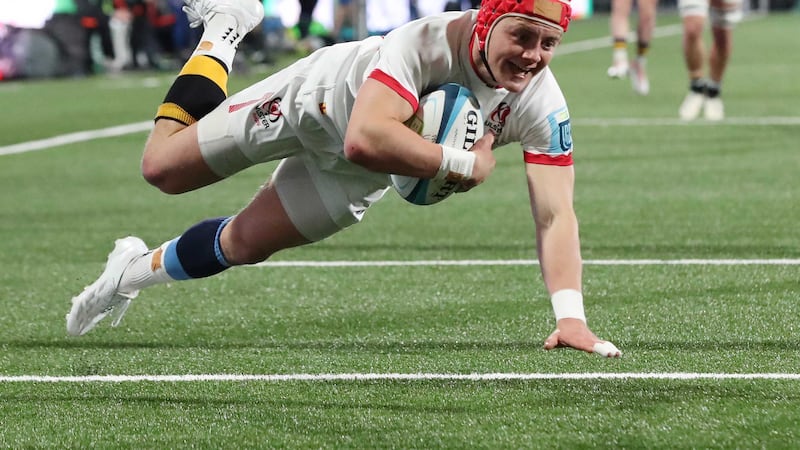 Ulster  Mike Lowry scores a try against  Dragons during SaturdayÕs  URC match at Kingspan Stadium.
Picture by Brian Little