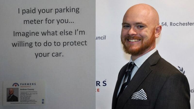 Andrew Cooney reckons he’s paid off about 40 people’s parking meters so far – and leaves behind a flyer each time.