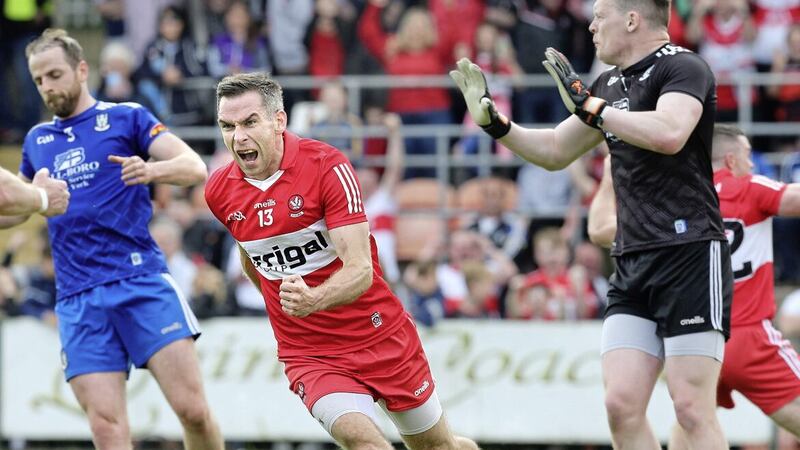 Benny Heron celebrates scoring against Monaghan in the 2022 Ulster semi-final Picture: Margaret McLaughlin. 