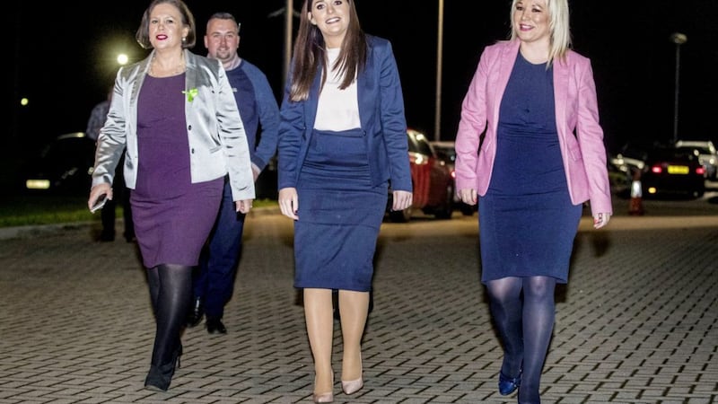 Sinn Fein President Mary Lou McDonald (left), Sinn Fein West Tyrone MP Orfhlaith Begley (centre), and Sinn Fein Stormont leader Michelle O&#39;Neill (right) pictured at the Omagh Leisure Complex. PA picture 